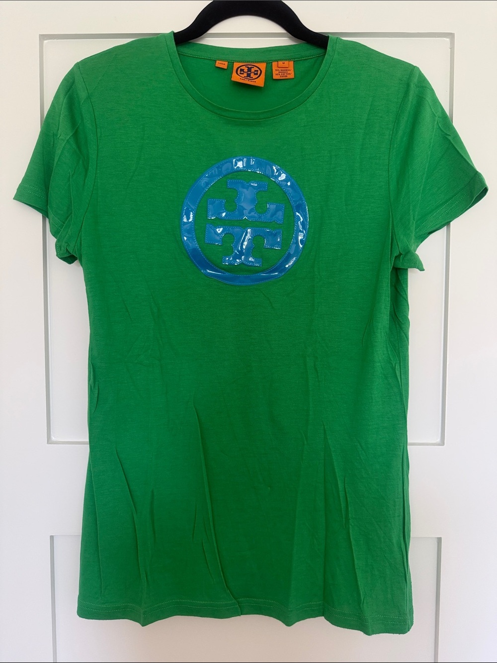 Tory Burch Green Tee with Blue patent leather Logo